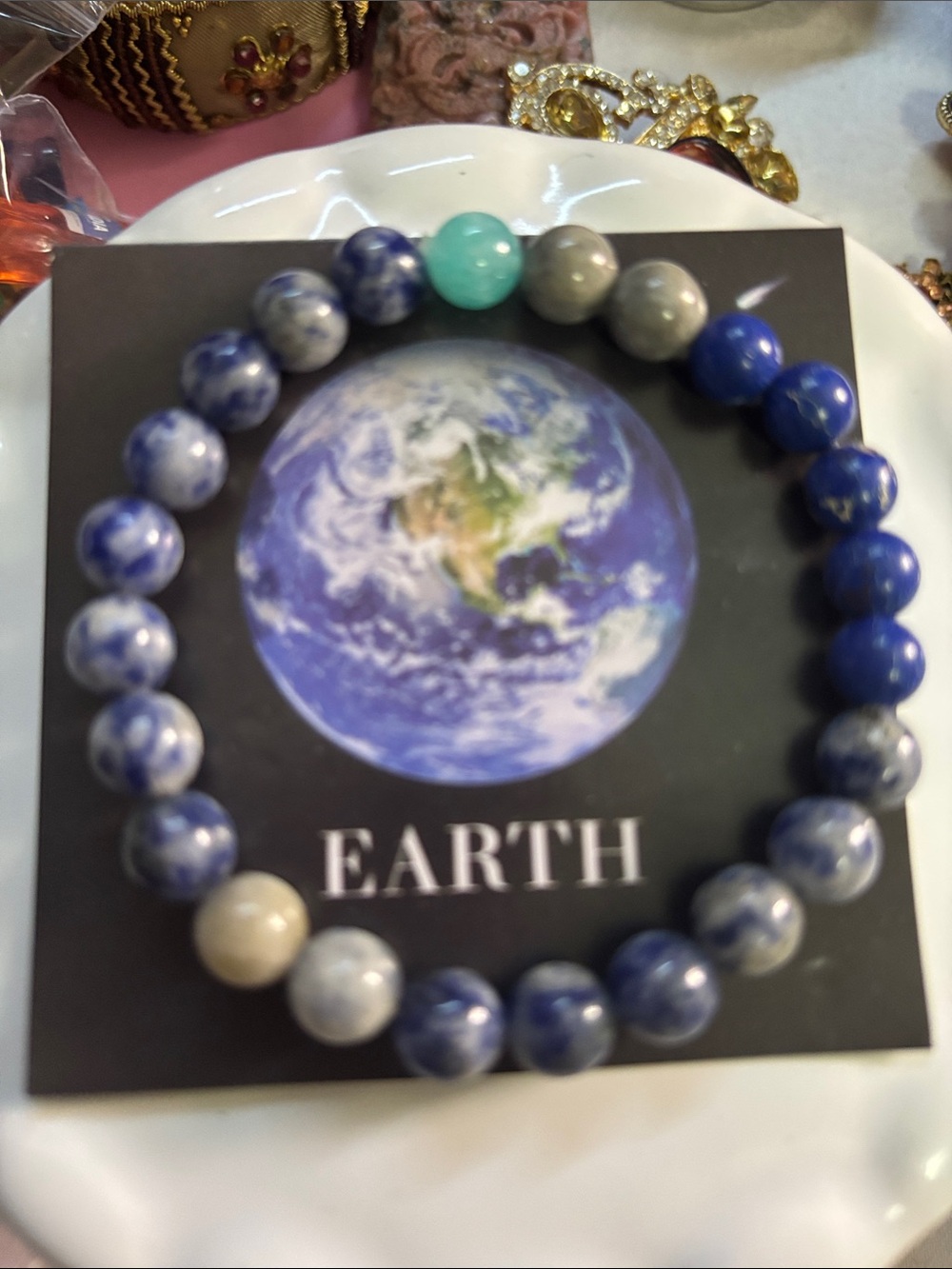 Earth Bead Stretch Planet Bracelet in Blue with Aqua Accent